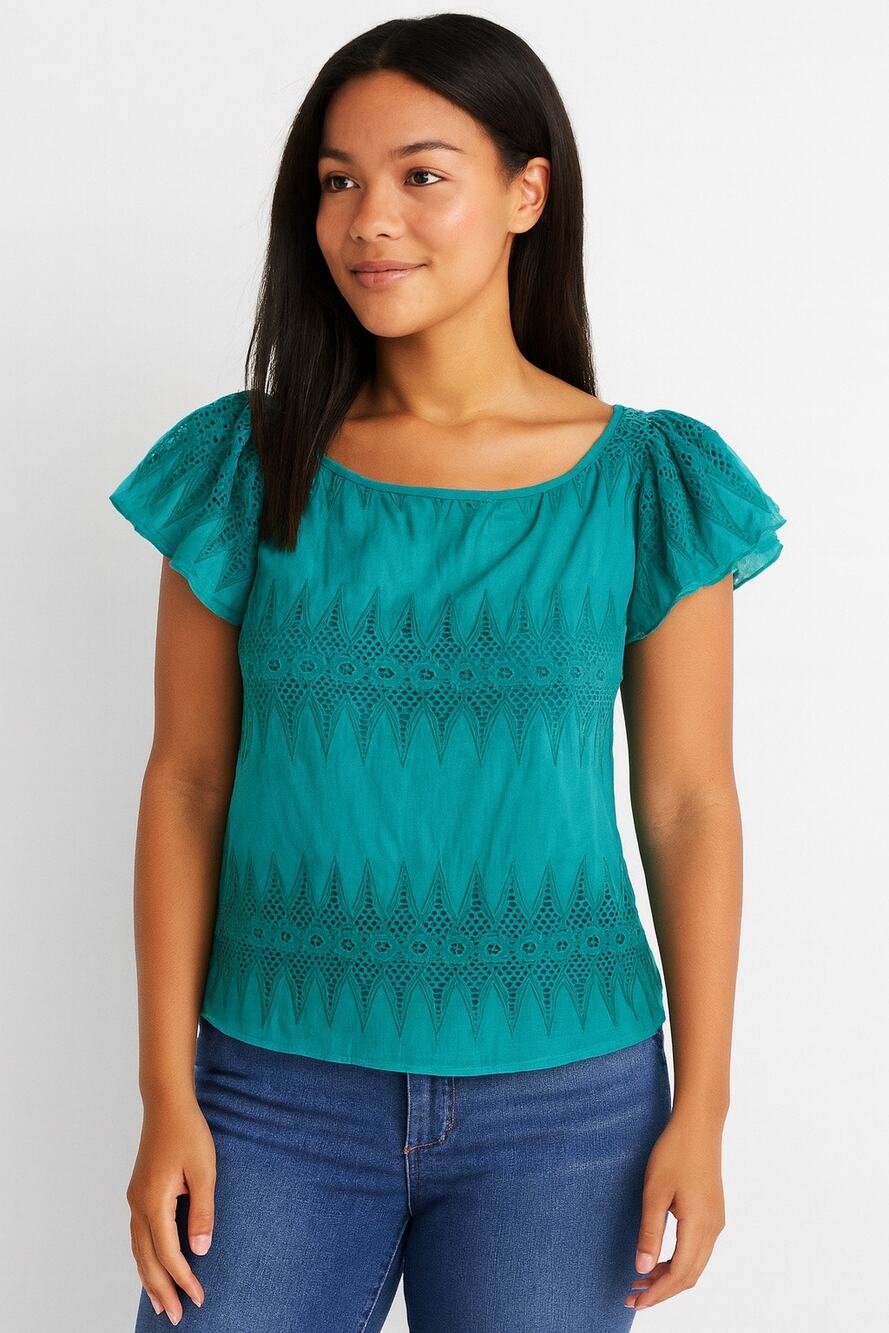 Milly Eyelet Embroidered Short Sleeve Blouse Teal Green Size 4